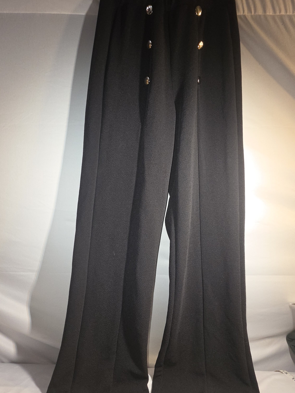 Wide Leg Black Dress Pants with Gold Buttons